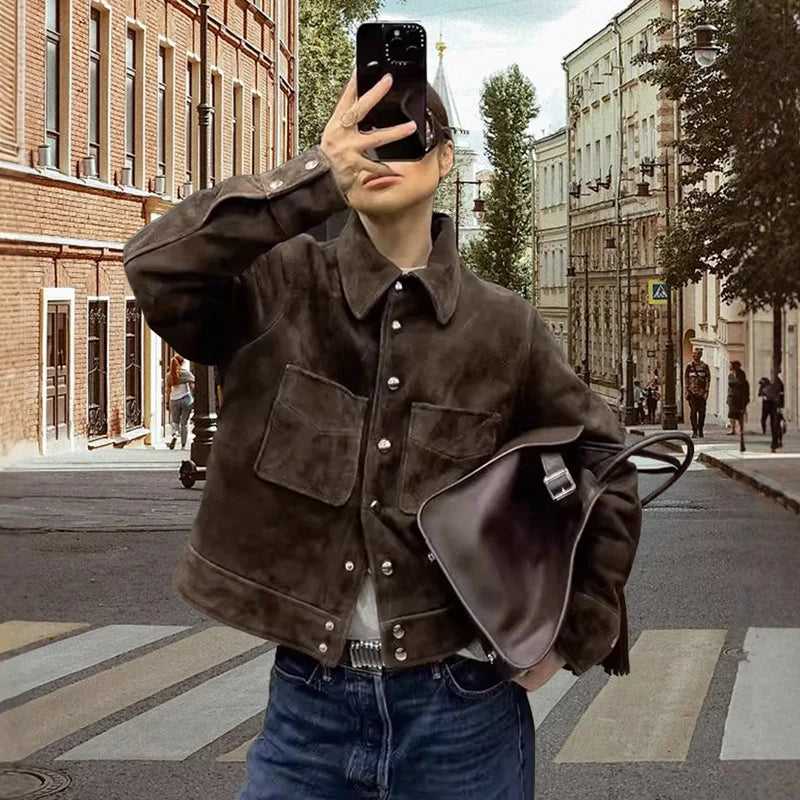 Street Women's Short Brown Suede Jacket Lapel Single Breasted Full Sleeve Pocket Female Coats 2025 Autumn Lady Commute Outerwear