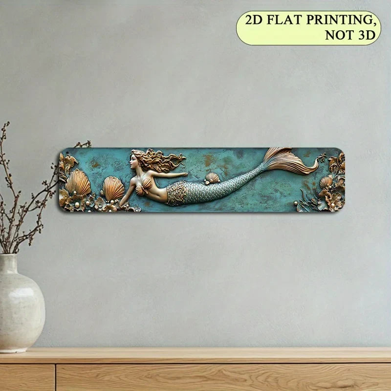 2D Flat, 1pc 4x16 Inch Aluminum Wall Art Sign - Enchanting Mermaid with Sea Jewels, Turquoise & Golden Coastal Decor for Bedroom
