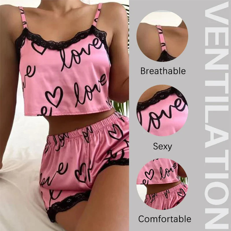 2 Pieces Set Women'S Pajama Shorts Suit Homewear Print Underwear Pijama Sexy Lingerie Camisoles Tanks Nighty Ladies Sleepwear