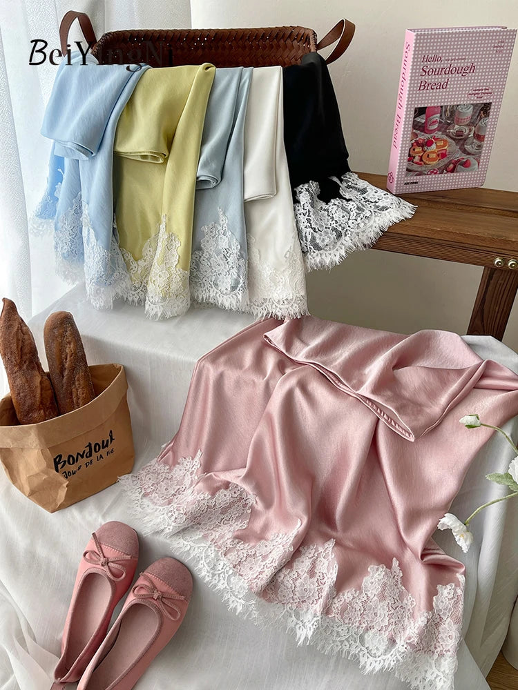 Beiyingni French Elegant Satin Mermaid Skirt Women Spring Summer Lace Patchwork Pack Hip Long A-line Skirts Office Ladies Faldas