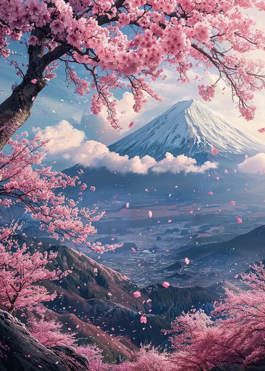 Pink City Asian Travel Japanese Cherry Blossoms At Mount Fuji Poster Light Prints Canvas Painting Wall Pictures Home Room Dec