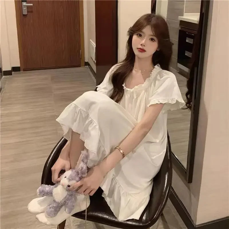 White Mid Length Nightgowns Summer Pajamas Women's Home Clothes New Dress Korean Sleepwear For Sleeping Sexy Nightwear Woman Top