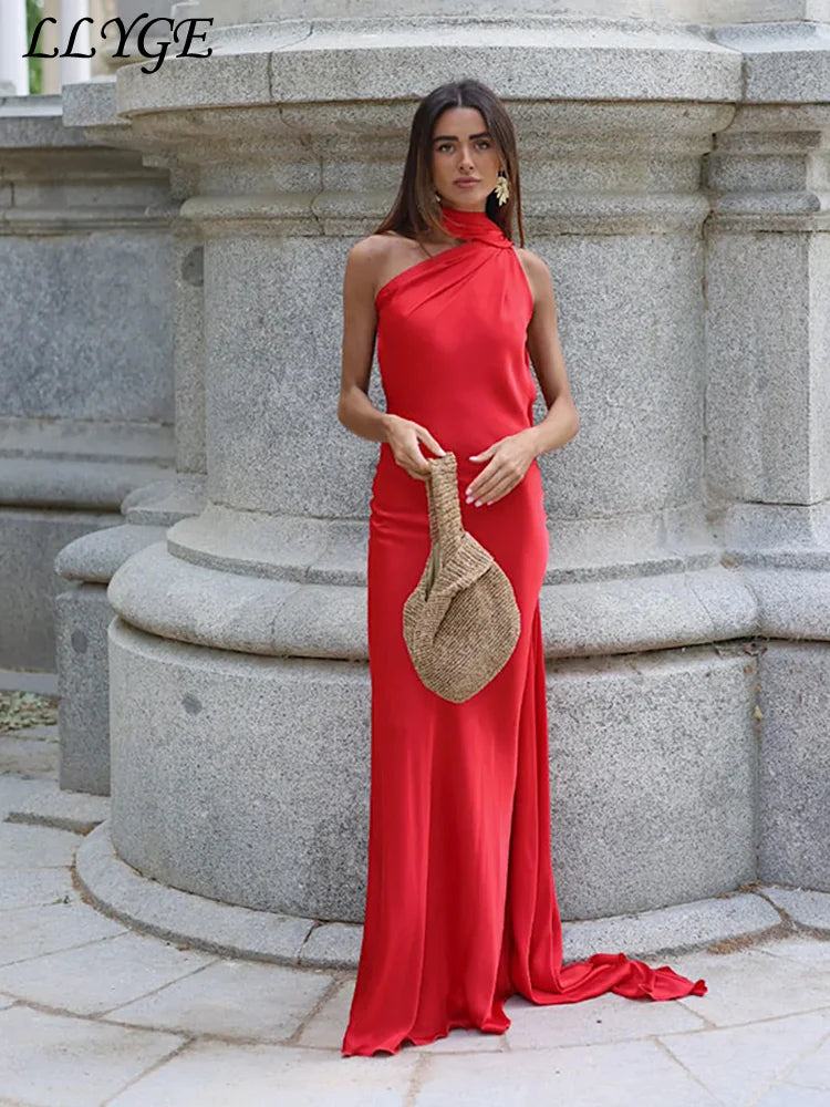 Elegant Women's Ribbon Long Satin Party Dress Halter Backless Sleeveless Female Dresses 2026 Summer Lady Solid Evening Gowns