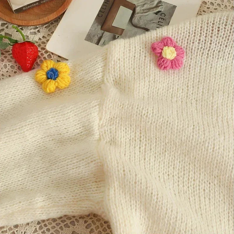 2026 New Spring Autumn Colourful Applique Flower Cardigan for Women Cute Long  V-neck Knit Crop Sweater Girl Soft Knitwear