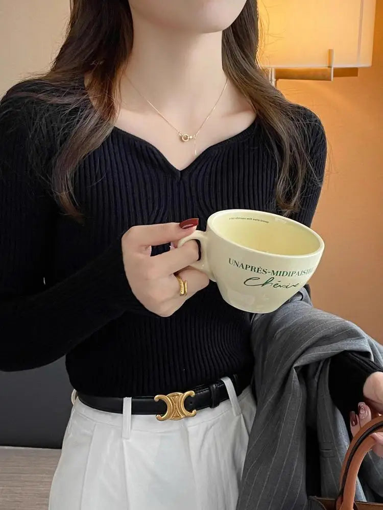 2026 Basic V-neck Chic  Autumn Winter Pullover Women Female Knitted Ribbed Sweater Slim Long Sleeve Badycon High Quality Sweater