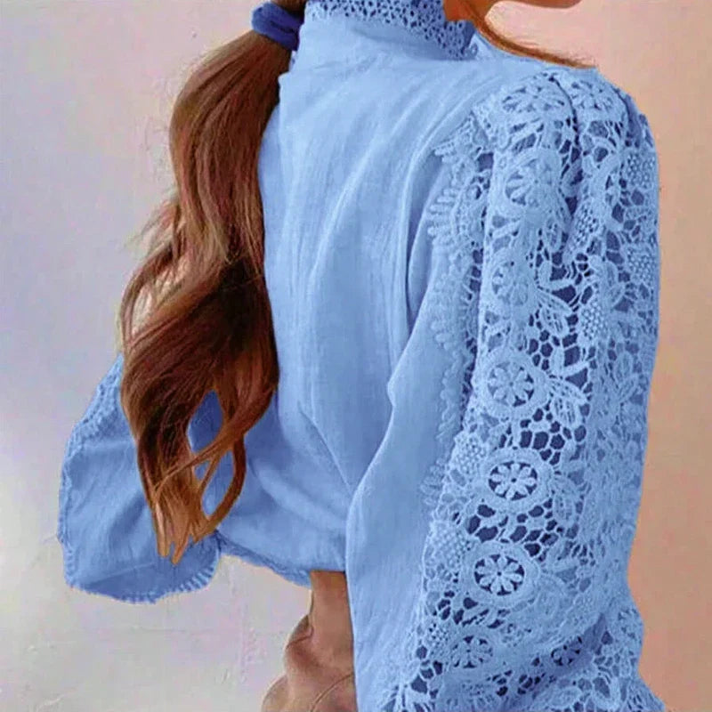 New Women's Long Sleeve High Neck  Chic Blouse, Lace Paneled Hollow Sleeve Elegant Top, Vintage Fashion Office Lady Outfits