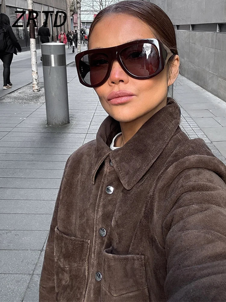 Street Women's Short Brown Suede Jacket Lapel Single Breasted Full Sleeve Pocket Female Coats 2025 Autumn Lady Commute Outerwear