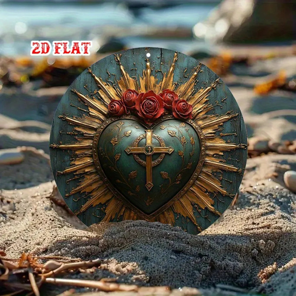 Religious Sacred Heart Round Aluminum Sign - 7.87