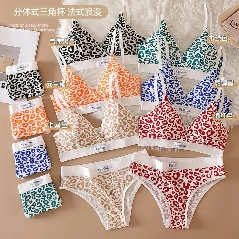 2025 Summer New Women's Leopard Print Traceless and Steel Rim Bra Adjustable Shoulder Strap Back Women's Underwear Set