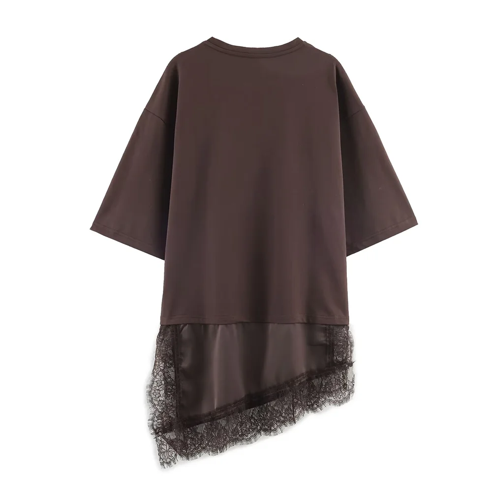 2025 Winter New Product Women's Slim Straight Round Neck Short Sleeve Asymmetric Hemp Splicing Lace T-shirt
