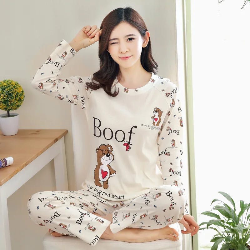 2PCS/Set Women Fashion Long-Sleeved Pajamas Autumn Winter Cartoon Love Bear Cute Soft Loose Casual Omfortable Outside Homewear