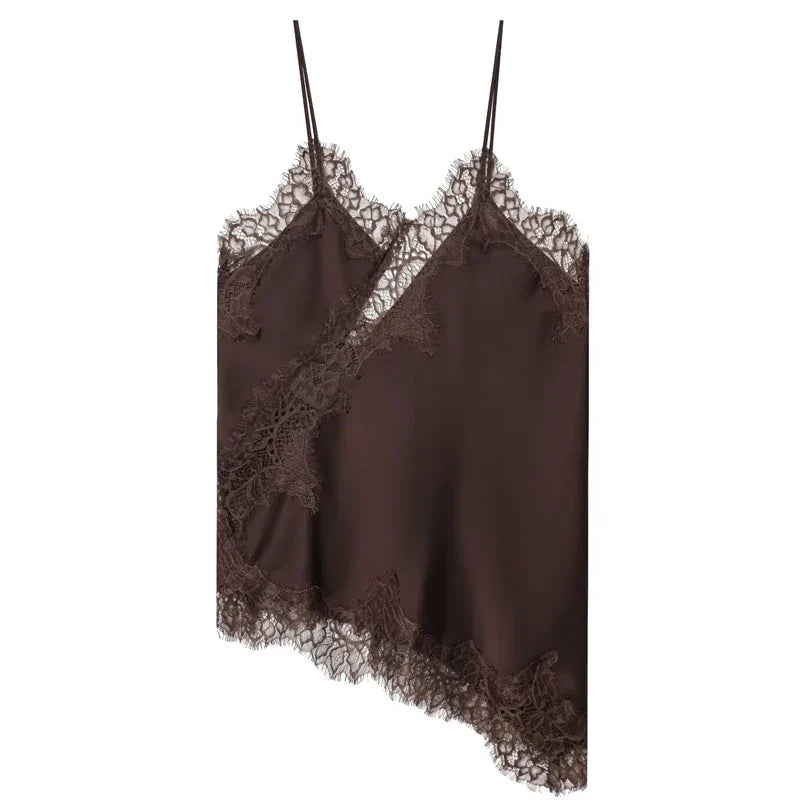 HXAO Asymmetrical Slip Top Women Summer 2025 Y2K Tanks & Camis Lace Black Off Shoulder Top Elegant Sleeveless Backless Camisole