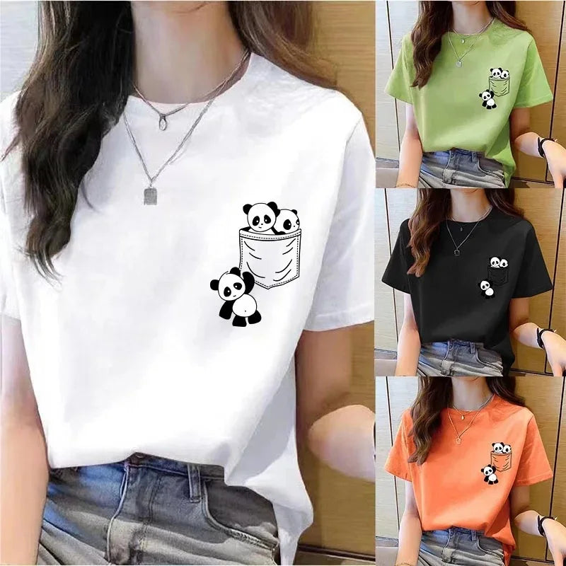 2026 Women's New Spring/Summer Fashion Trend Solid Color Short-Sleeve Panda Print Elegant Loose-Fit Crew Neck T-Shirt
