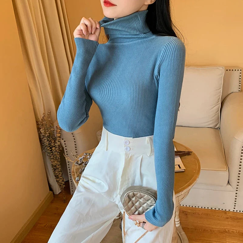 2026 Autumn Winter Women Long Sleeve Knitted Foldover Turtleneck Ribbed Pull Sweater Soft Warm Femme Jumper Pullover Clothes