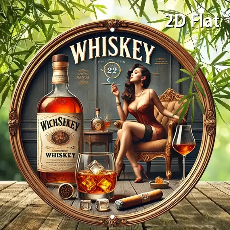 1pc Vintage Whiskey-Themed Round Metal Sign - Female Whiskey Lady & James Bond-Inspired Logo Design, Scotch & Bourbon Art