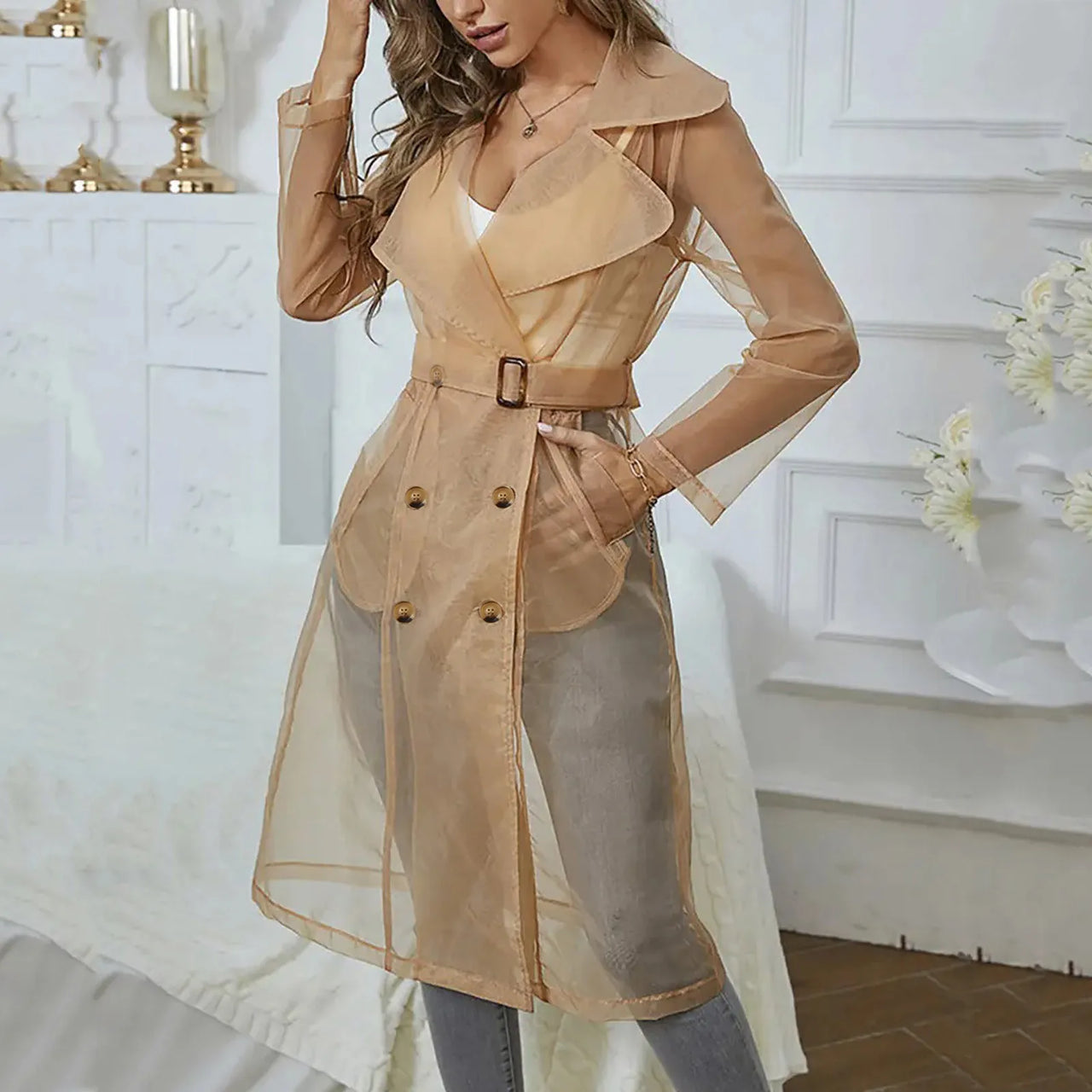 Women Organza See Though Sunscreen Long Sleeve Trench Summer Autumn Fashion Double Breasted Long Coat With Belted Tops Outwear