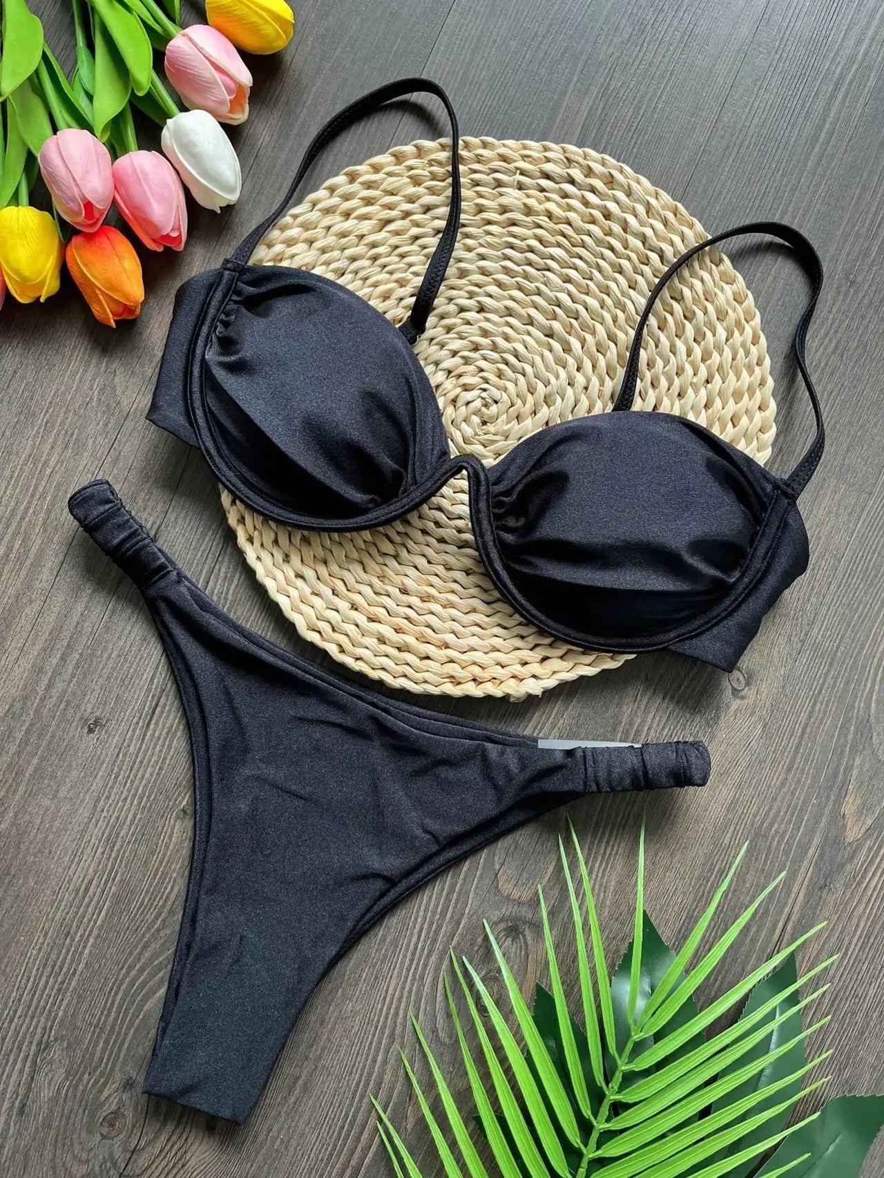 Sexy 3D Flower Bikini Set 2026 Women Black White V Wire Underwired Micro Mini Swimsuit Beach Bathing Suit Pleate Thong Swimwear
