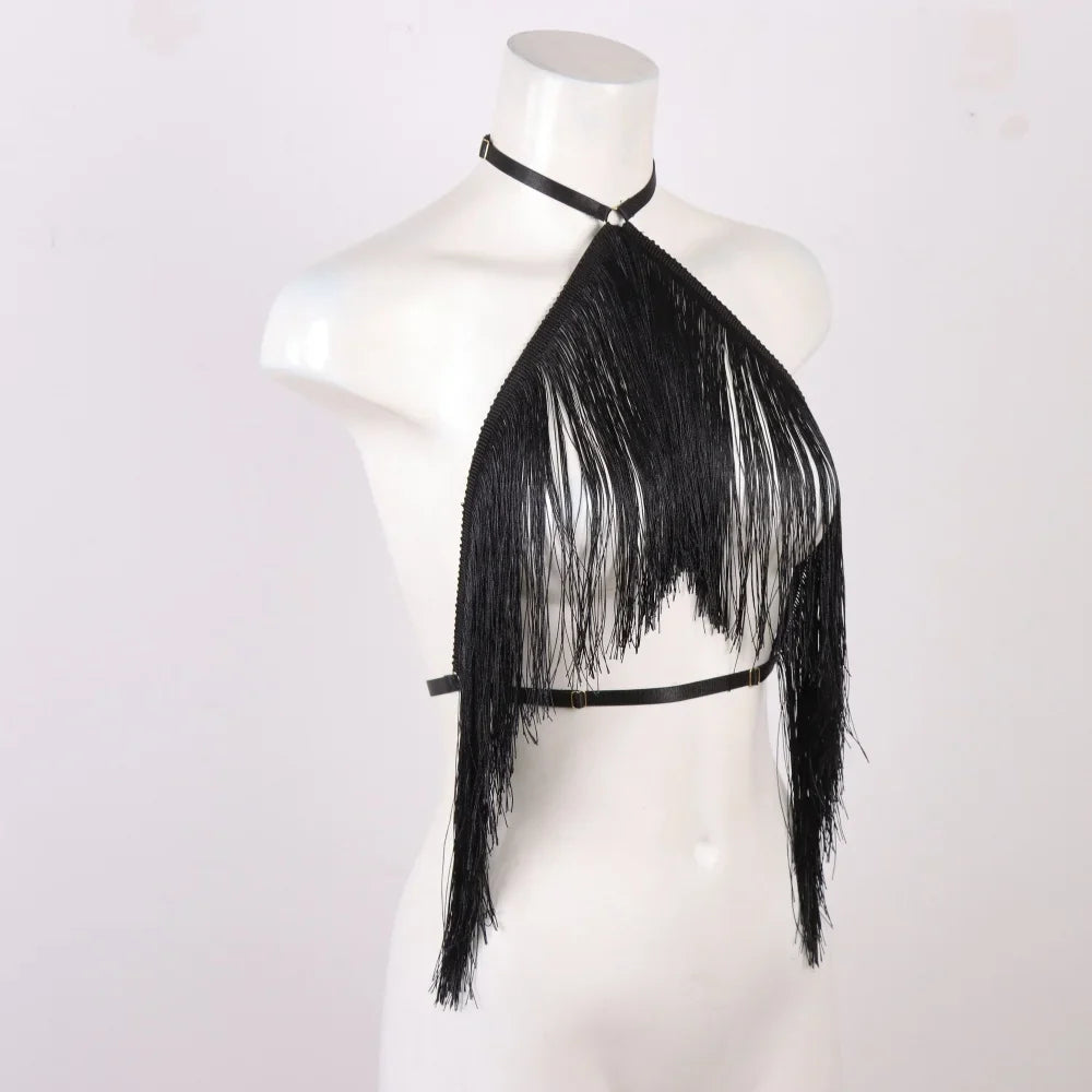 Women'S Black Tassel Halter Top-Adjustable Elastic Harness, All-Season Wear, Casual Attire Top,Tassel Detail Top
