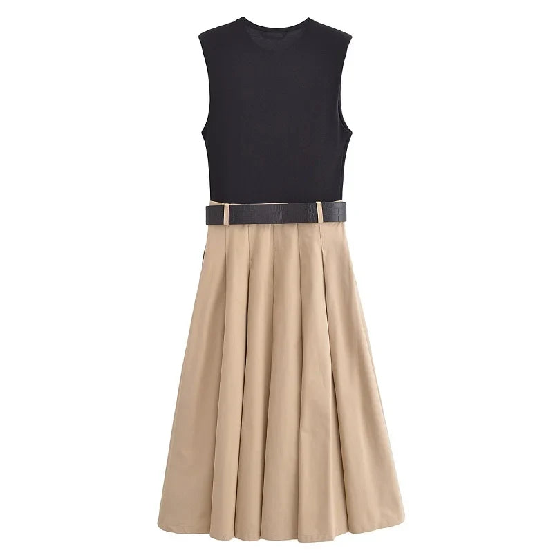 MUJER 2025 Woman Dresses Belt Pleated Midi Dress Women Sleeveless Summer Dress Woman Knitted Party Dresses for Women Sundress