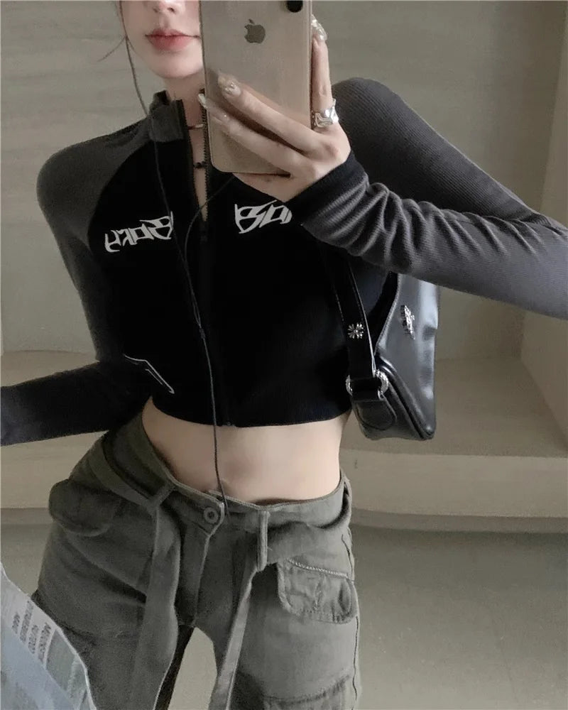 Retro Biker Half-High Collar Short-Length Zipper Jacket Y2K Spice Girl Slim-Fit Color-Blocked High-Waisted Long-Sleeve T-Shirt