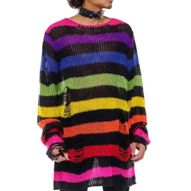 New Purple Striped Gothic Sweaters Women Ripped Holes Loose Knitted Pullover Frayed Fairy Grunge Jumpers Emo Streetwear Lolita