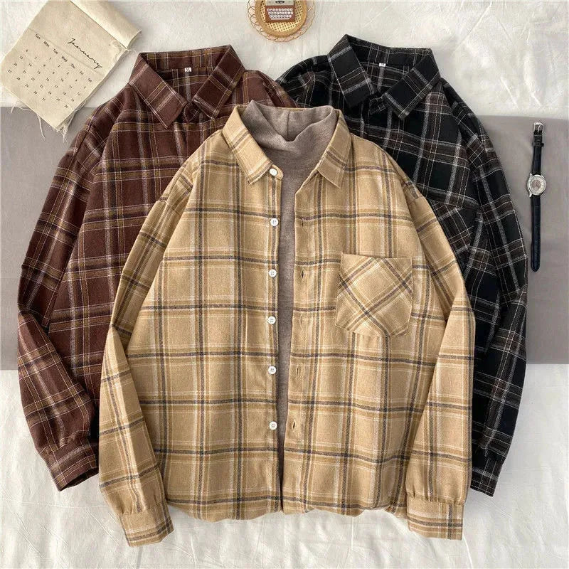 Xpqbb Vintage Women Plaid Shirts Autumn Long Sleeve Oversize Button Up Blouses Female Streetwear Loose Casual Shirts Femme Coat