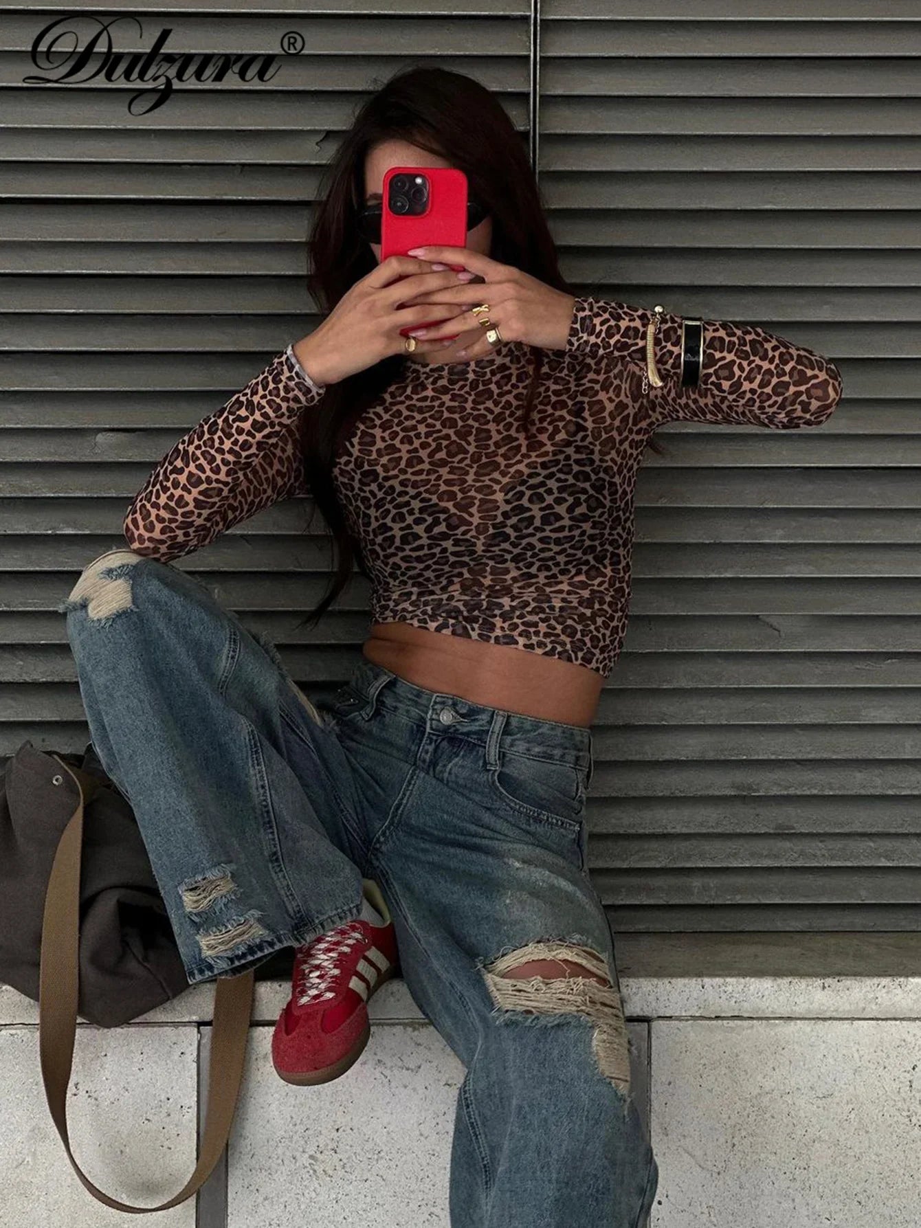 Dulzura Sexy Long Sleeves Tops Mesh T Shirt Leopard Printed Bodycon Women Clothes Lady Party Club Streetwear Casual Nightout Y2K