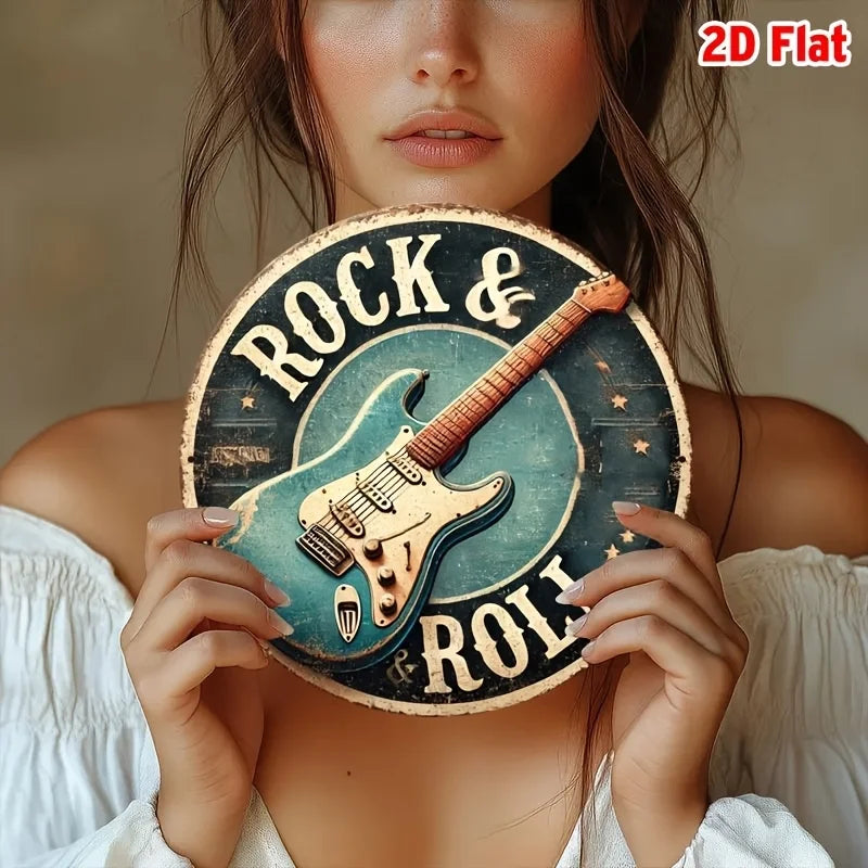 2D FLAT 1pc, Round Rock & Roll Guitar Themed Aluminum Metal Tin Sign, Foil Engraved Wall Art Decor for Home & Office