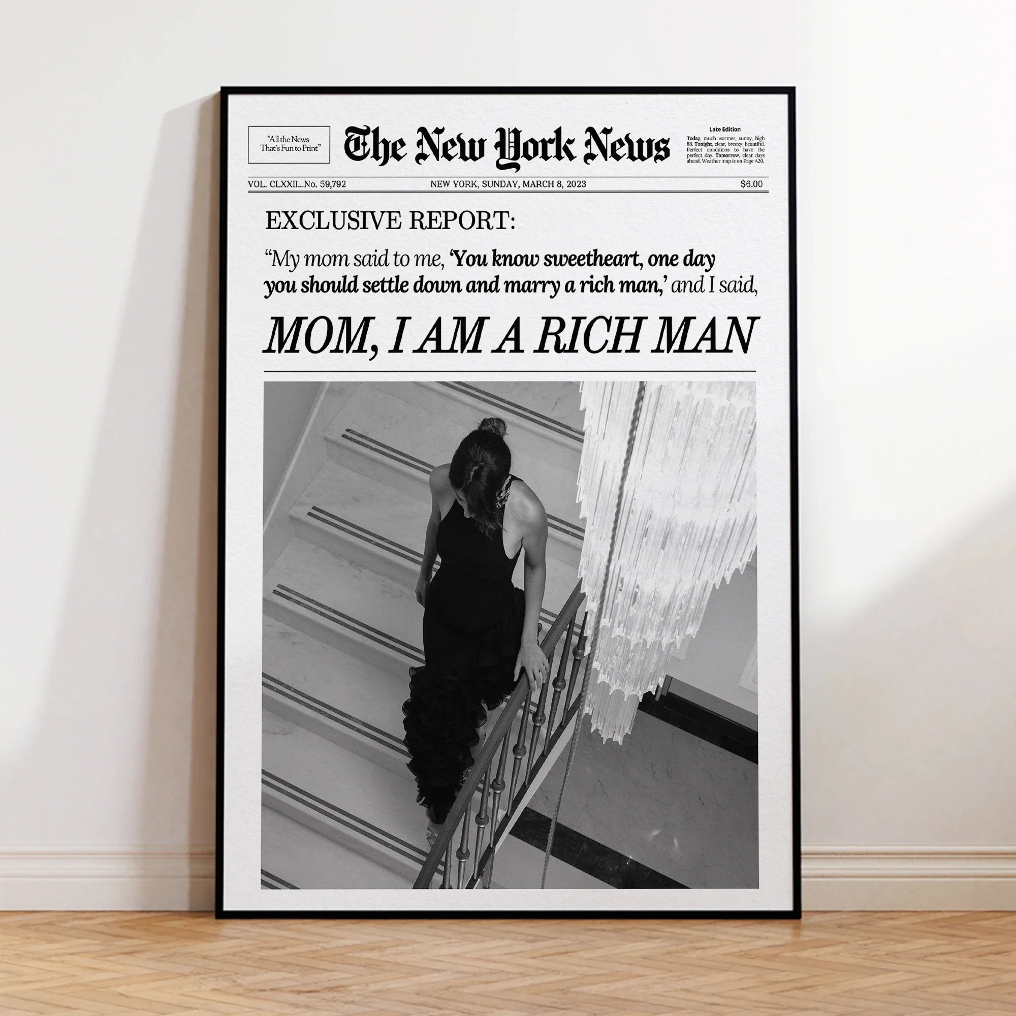 Modern Mom I Am a Rich Man Newspaper New York News RetroWall Art Canvas Painting Posters For Living Room Bar Cart Home Decor