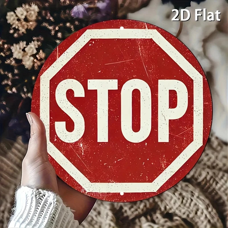 [2D Flat] Vintage Stop Sign Aluminum Wall Art -Round Retro Traffic Symbol Poster, Perfect for Bar, Cafe, Beach House