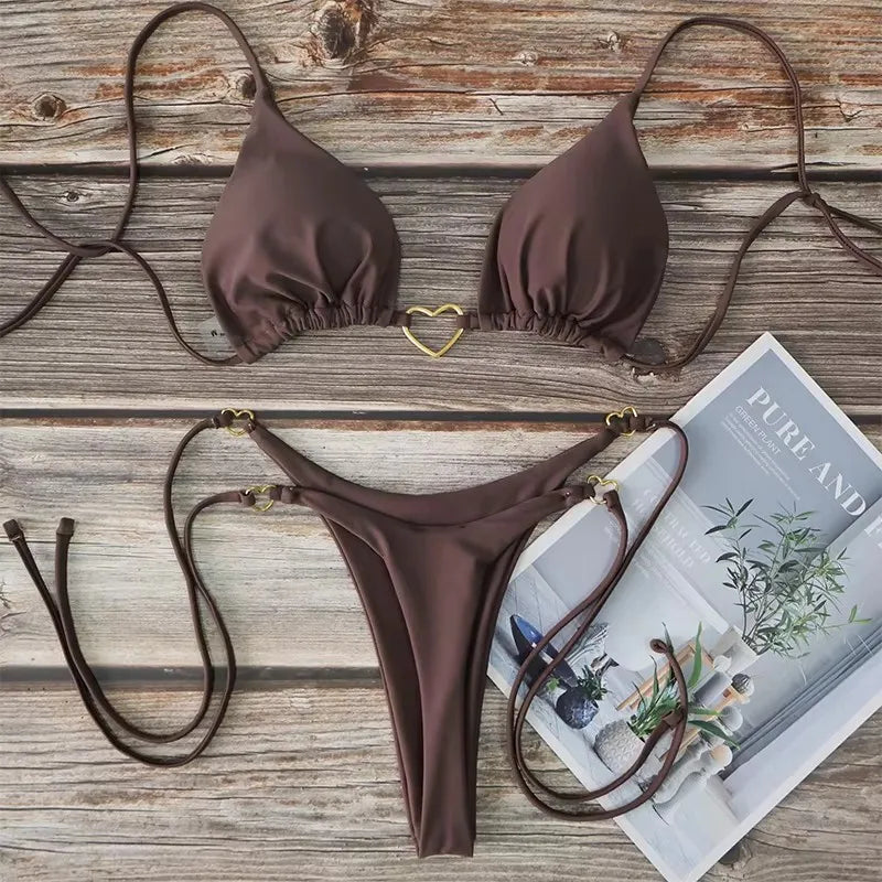Women's Sexy Brazilian Bikini Set Halter Triangle Top Thong Bottom Two-Piece Swimsuit Heart Bathing Suit Summer Beach Swimwear