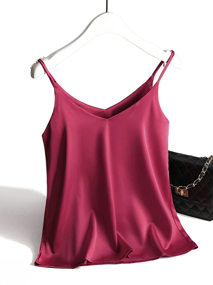 AOSSVIAO 2026 Spaghetti Strap Top Women Halter V Neck Basic White Cami Sleeveless Satin Silk Tank Tops Women'S Summer Camisole