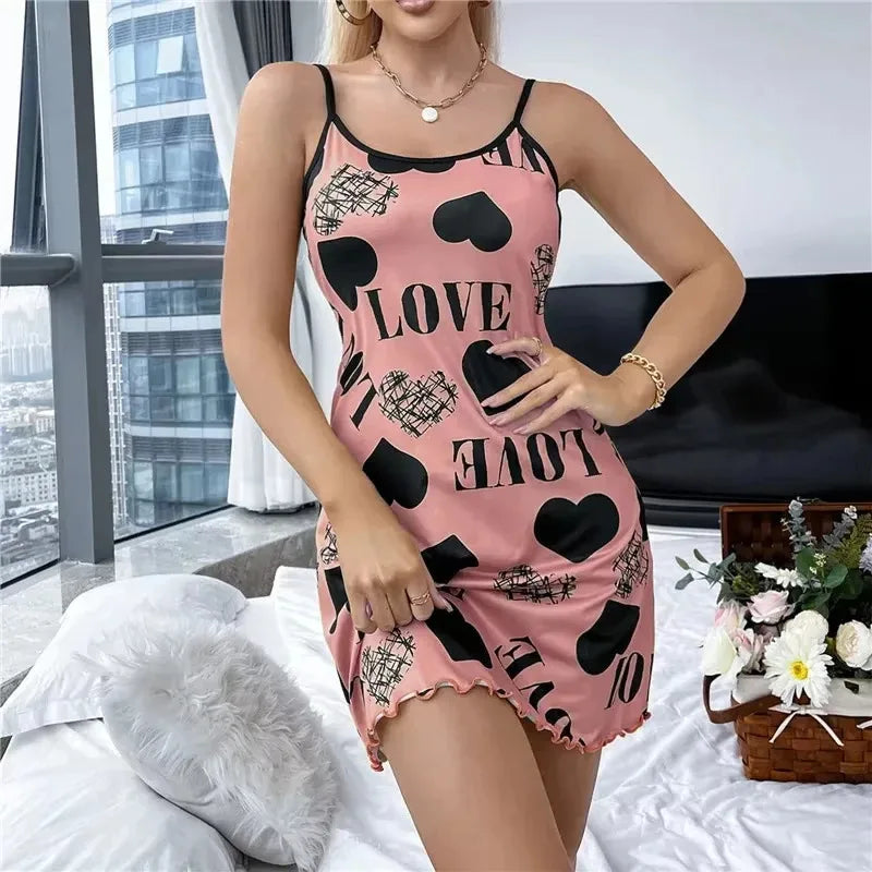 Summer New Women's Nightgown Beauty Back Thin Section Of Home Wear Sexy Halter Short Skirt Love Cartoon Cute Printing Pajamas