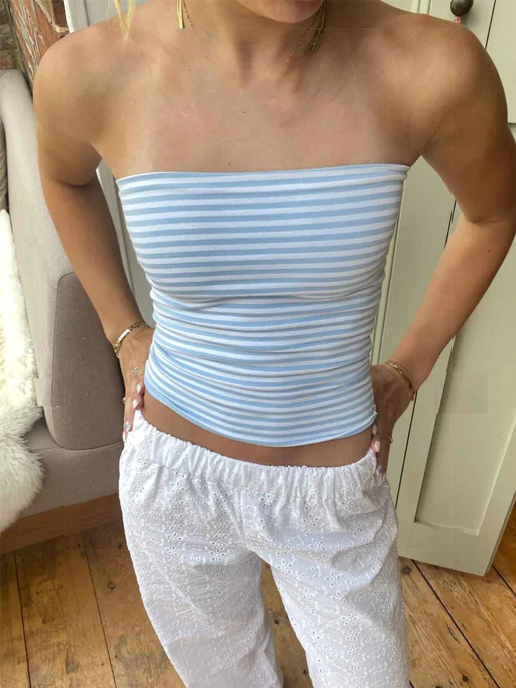 Women Cropped Tube Tops Strapless Off Shoulder Backless Short Tank Summer Party Club Striped/Solid Mini Vest 2024 New
