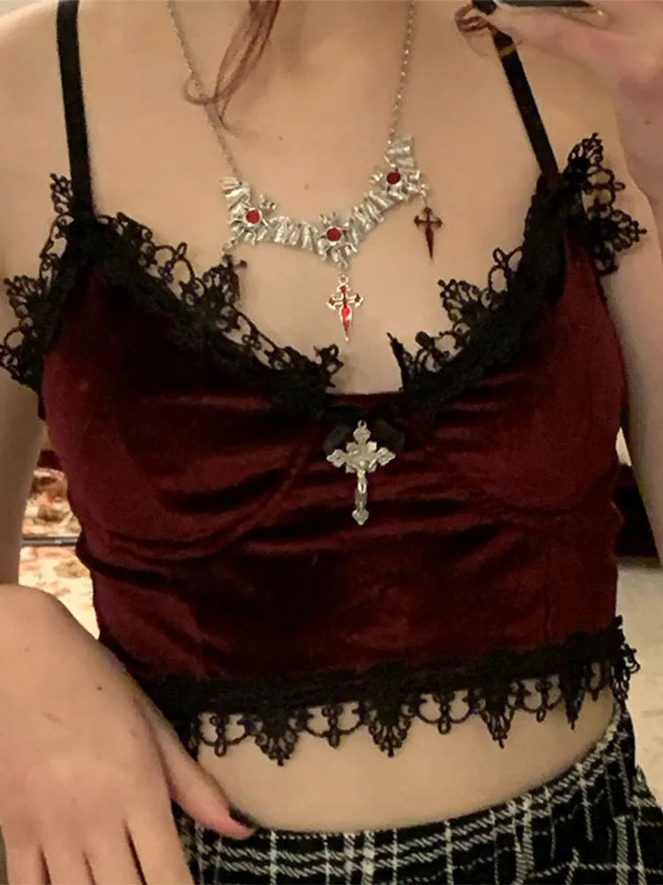 Velvet Mall Goth Crop Tops Black Lace Trim Emo Alternative Aesthetic Crop Tops Women Backless Sexy Strap Tanks