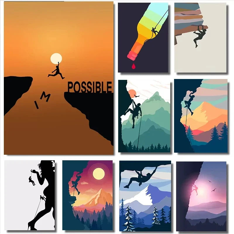 Abstract Rock Climbing Adventure Posters and Prints Canvas Painting Mountain Sun Wall Art Pictures for Living Room Home Decor