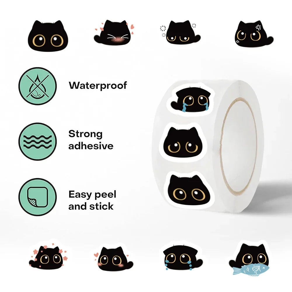 500pcs Funny Kawaii Black Cat Stickers Roll Cute Decals DIY Fridge Notebook Phone Laptop Bike Wall Stationery Sticker Kids Toys