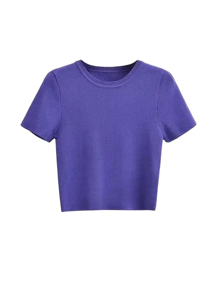Women Fashion Striped Basic Cropped Knit Sweater Vintage O Neck Short Sleeve Female Pullovers Chic Tops