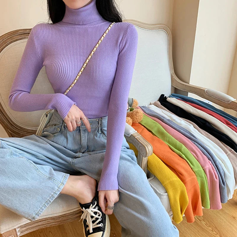 2026 Autumn Winter Women Long Sleeve Knitted Foldover Turtleneck Ribbed Pull Sweater Soft Warm Femme Jumper Pullover Clothes