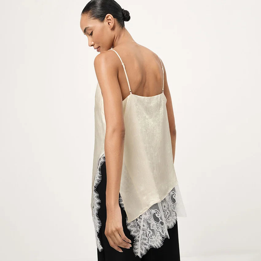 Linad Elegant Satin Apricot Spaghetti Strap Camisole Street Chic Lace Split Vest Female Casual Silk Tops Women 2025 Summer Pink