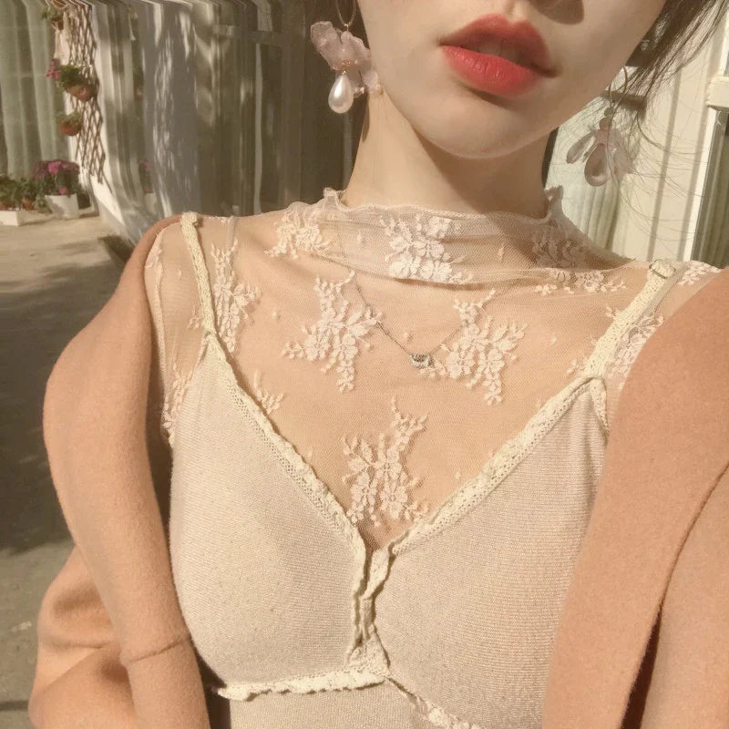 Sexy Women Mesh T-Shirts Transparent Lace Blouse Long Sleeve See Through Tops For Women Bottoming Shirt Sheer Tees Body Crop Top