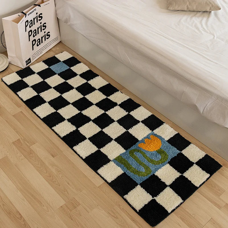VIKAMA Modern Ins Checkerboard Cashmere Rug Comfortable Soft Cooling Bedroom Bed Blanket Bay Window Blanket Cloakroom Carpet