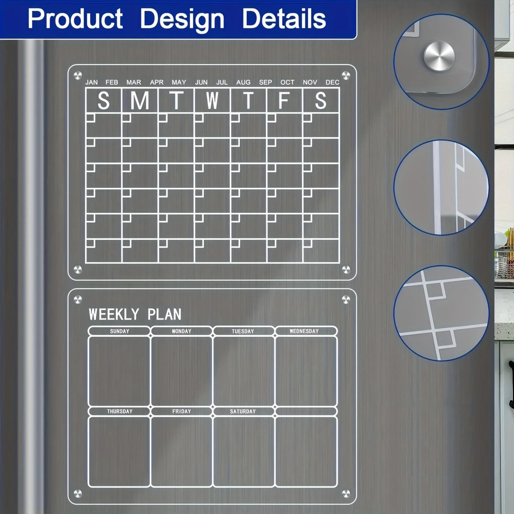 Premium Fridge Board – Clear Acrylic Weekly/Monthly Calendar, Dry/Wet-Erase Memo & Note Organizer