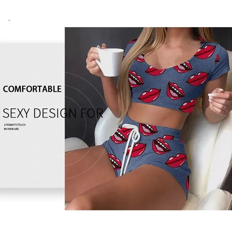 2026 Summer Casual Lips Print Women Sleepwear Pajamas Set Top Pants Skinny Homewear Underwear