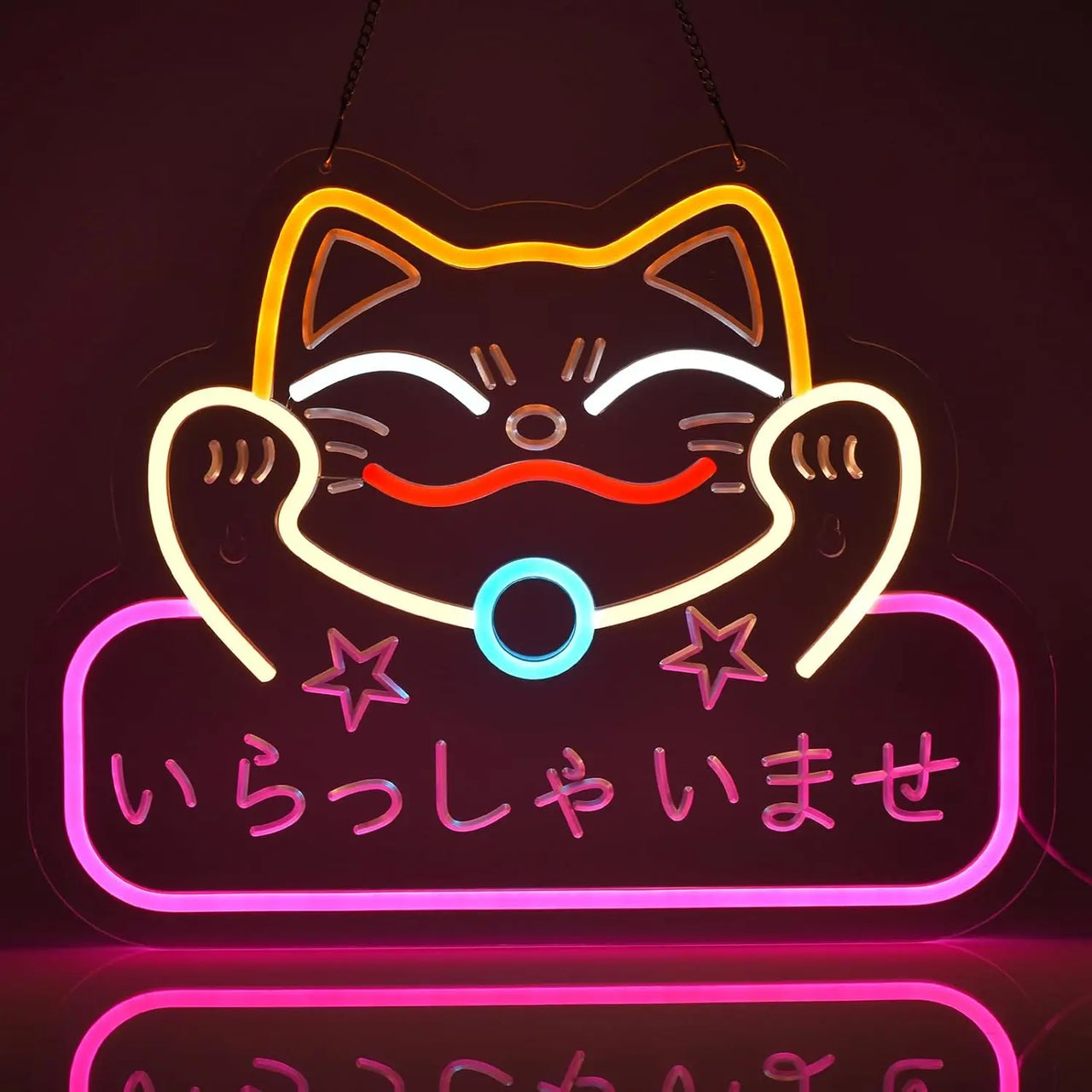 Neon Sign Maneki Neko Welcomes Fortune Cute Beckoning Cat with Welcome Sign for Restaurant Shop Home Bar Decor LED Night Light