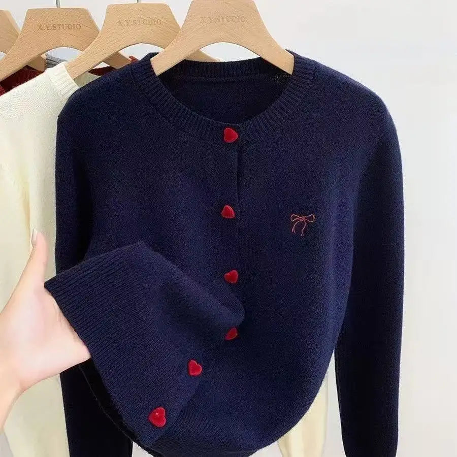 2026 Women Knitted Cardigan Bow Embroidery O-Neck Single Breasted Heart-shaped Button Sweater Korean Casual Solid Knitting Tops