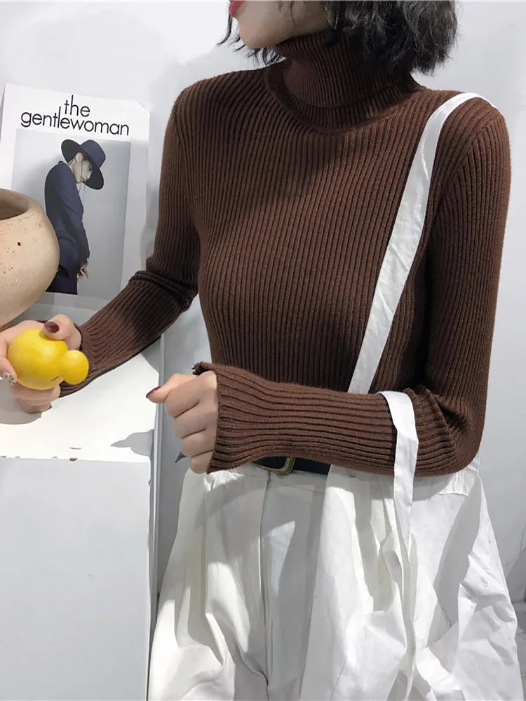 2026 Autumn Winter Thick Sweater Women Knitted Ribbed Pullover Sweater Long Sleeve Turtleneck Slim Jumper Soft Warm Pull Femme
