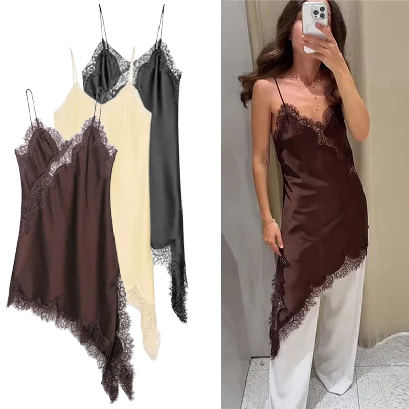 Satin Sexy Lace Spliced Short Sling Dress Women Sleeveless Backless Asymmetric Sexy Party Dresses 2026 Summer Lady Dress ﻿