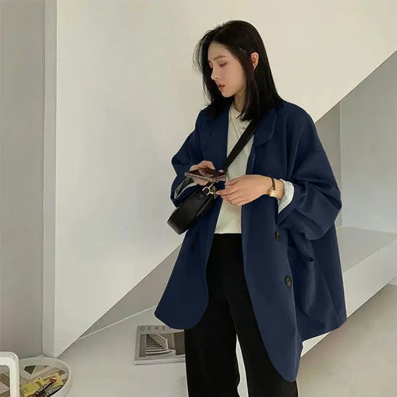 Oversize Blazers Women Long Sleeve Black Suit Streetwear Korean Chic Loose Jacket Spring Autumn Coat Double-breasted Tweed New