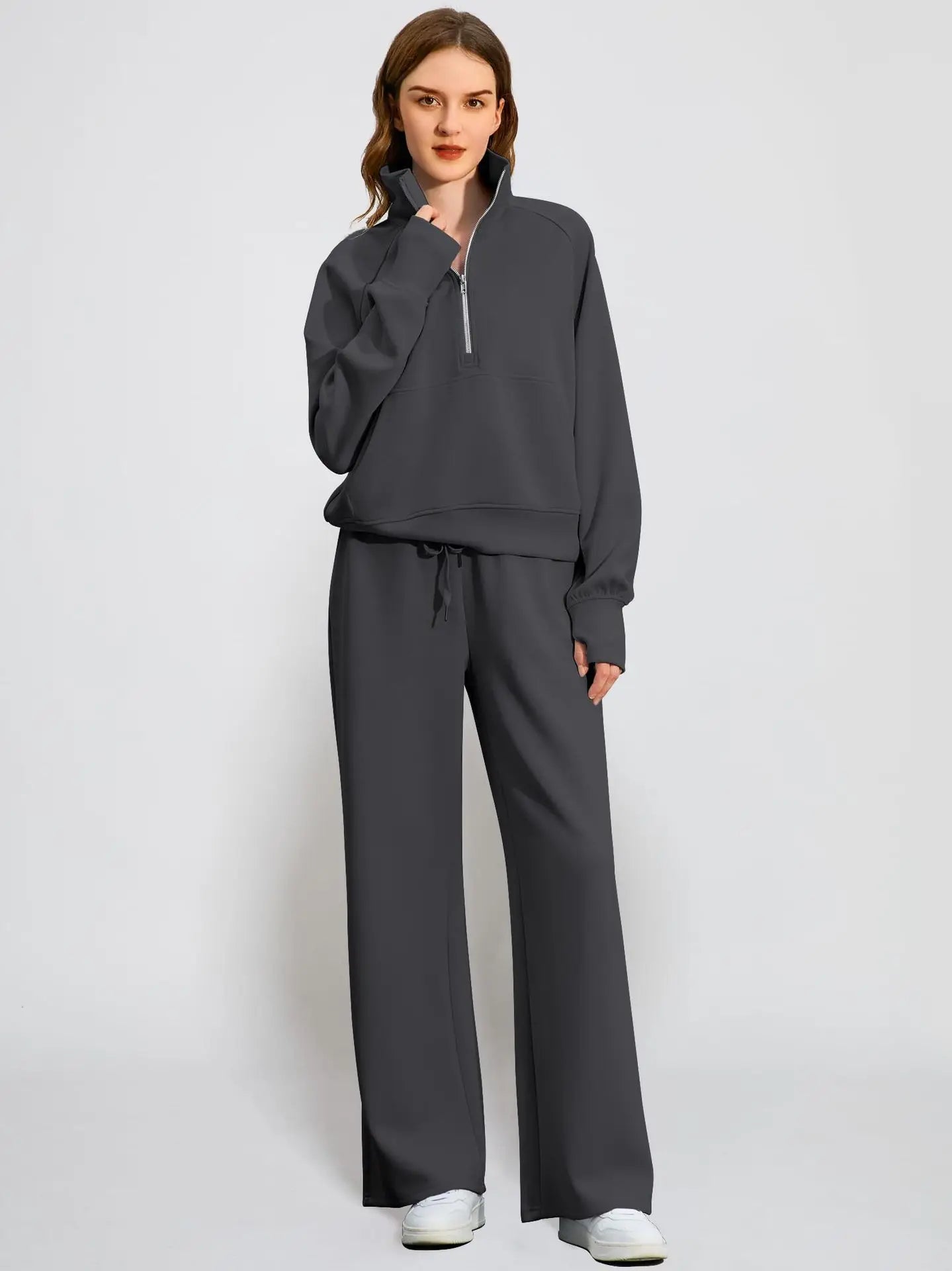 Woman Solid Color Half Zip Long Sleeve Sweatshirt and Wide Leg Pants Set Casual Sporty Two Piece Outfit